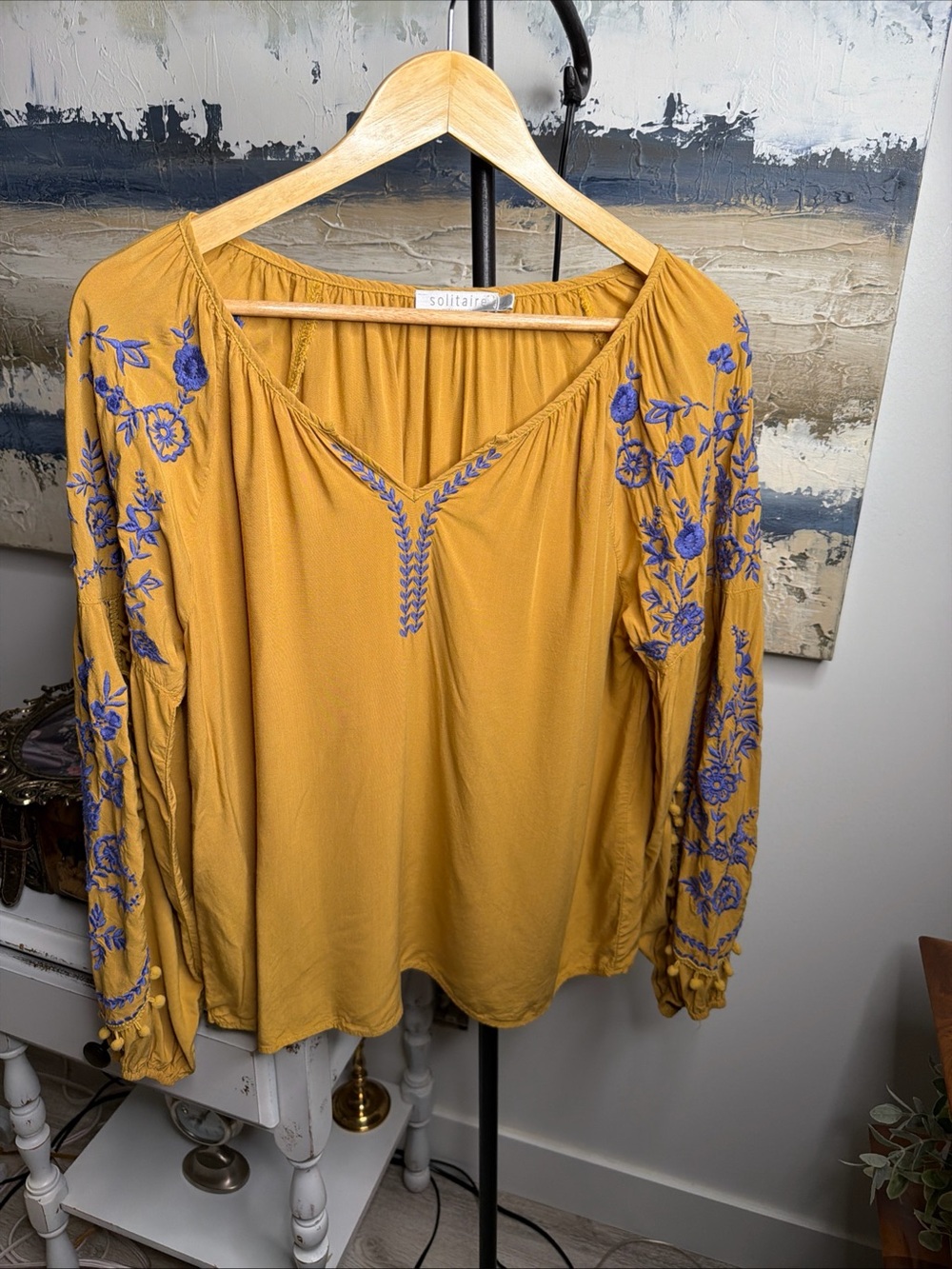 Solitaire Mustard Yellow Blouse with Blue Floral Embroidery